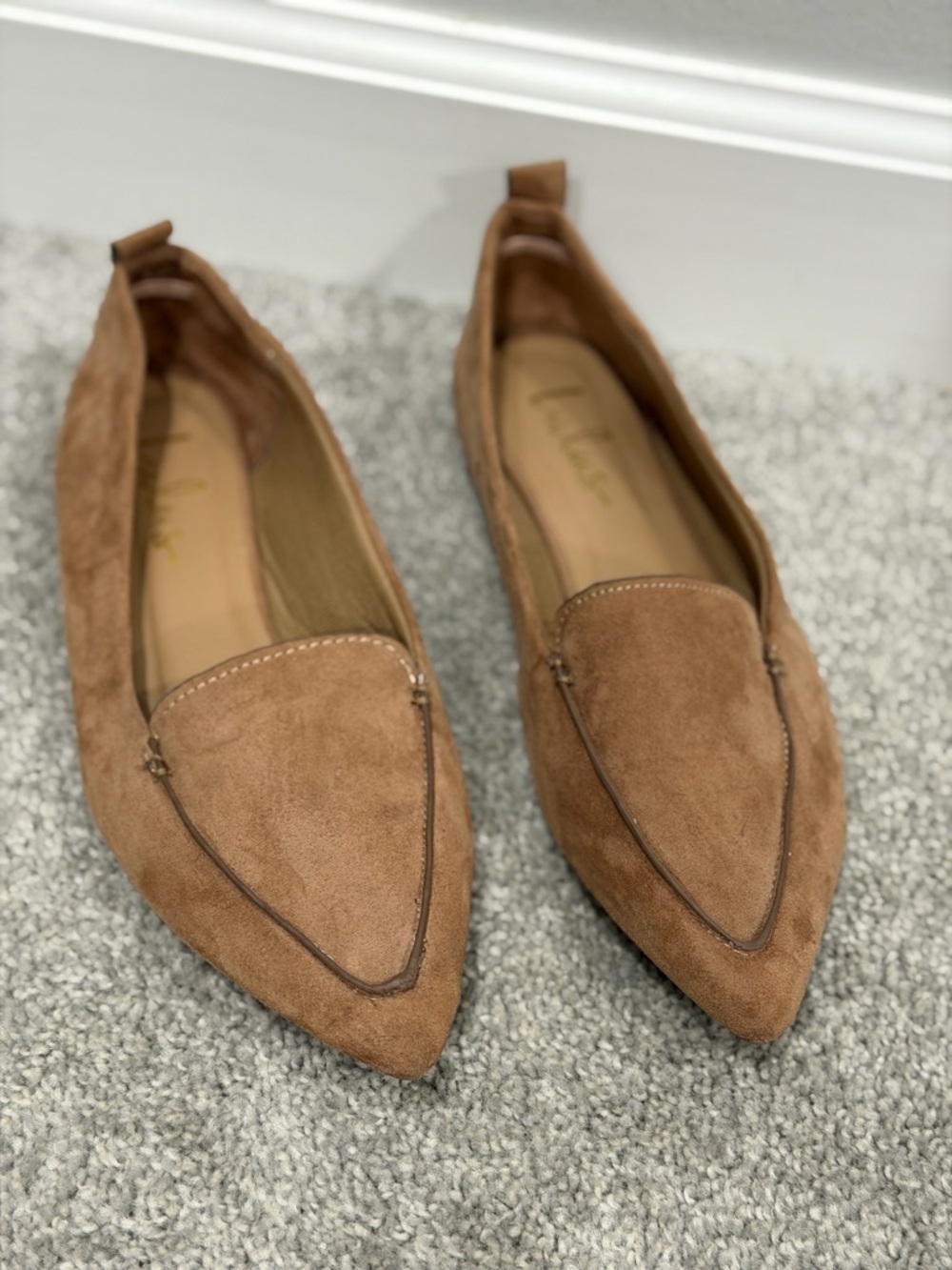 Lulu's Pointed Suede Loafers in Brown Tan